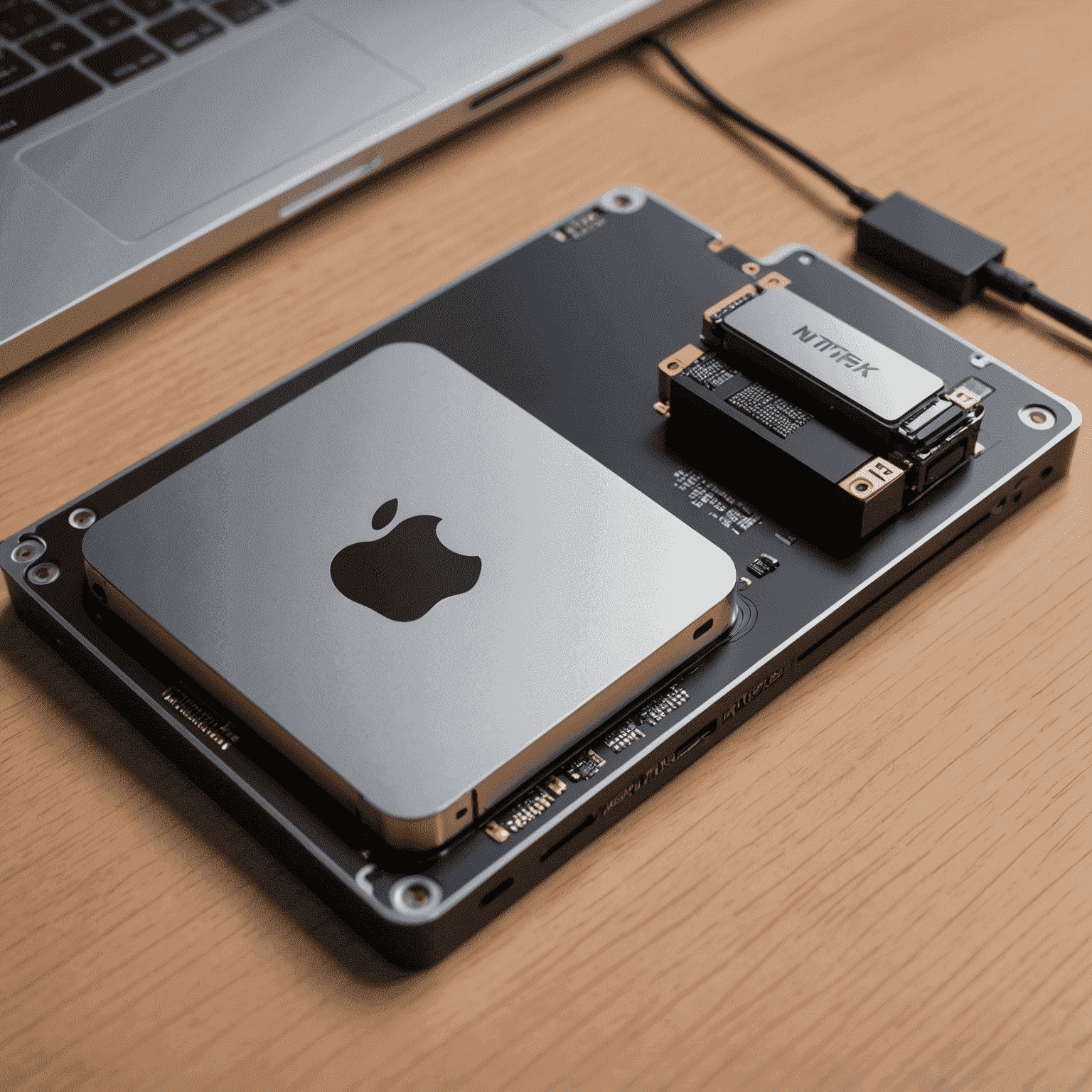 A sleek Apple Silicon M1 chip next to an external NTFS drive, symbolizing the optimization of NTFS performance on modern Mac hardware