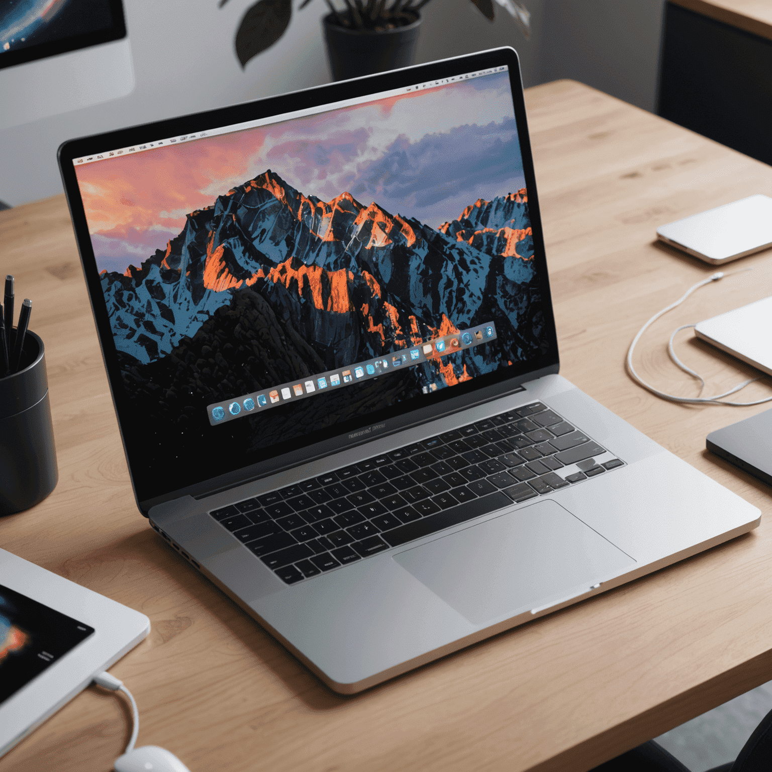 A sleek MacBook Pro with multiple NTFS drives connected, showcasing a futuristic file management interface on macOS 15