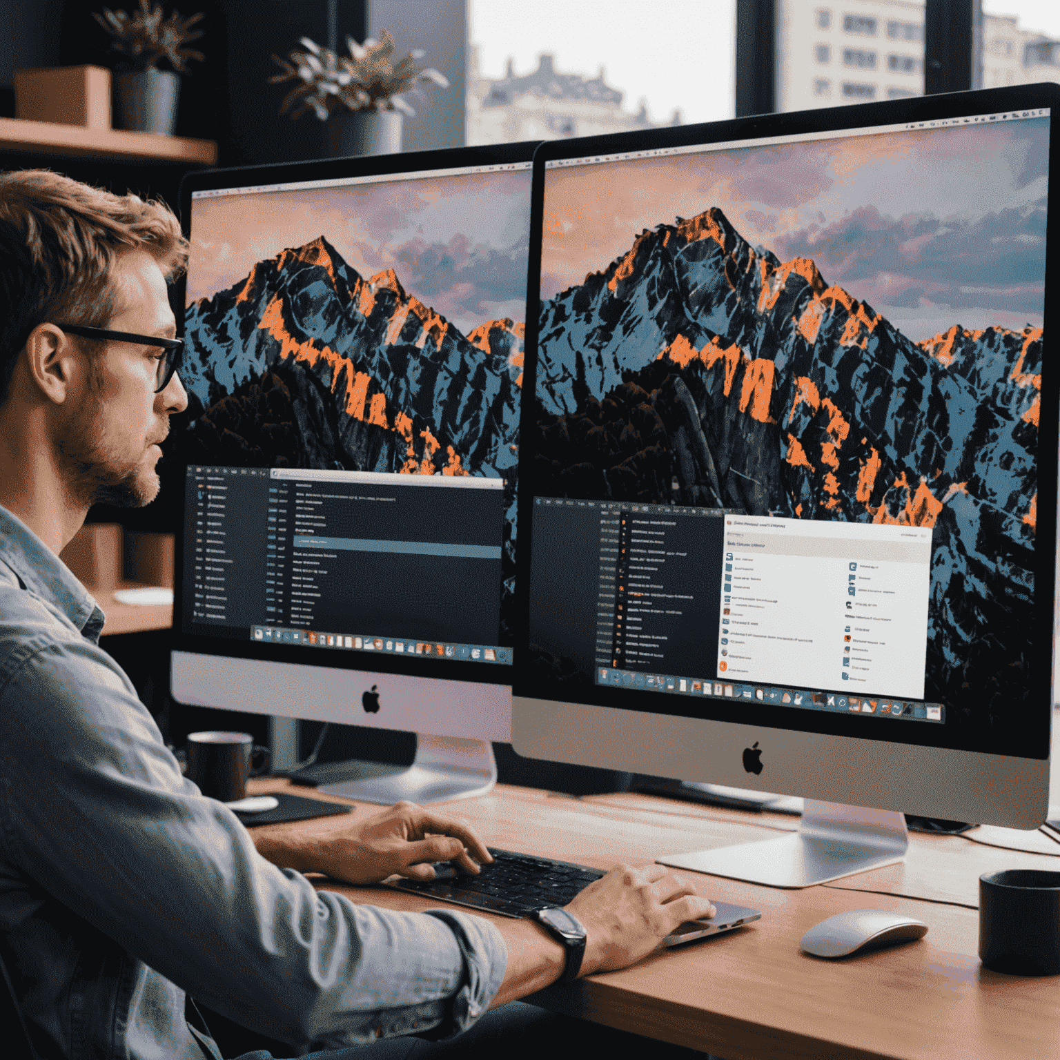 Split-screen image showing a Mac user struggling with NTFS limitations on the left, and the same user effortlessly managing NTFS drives with our toolbox on the right