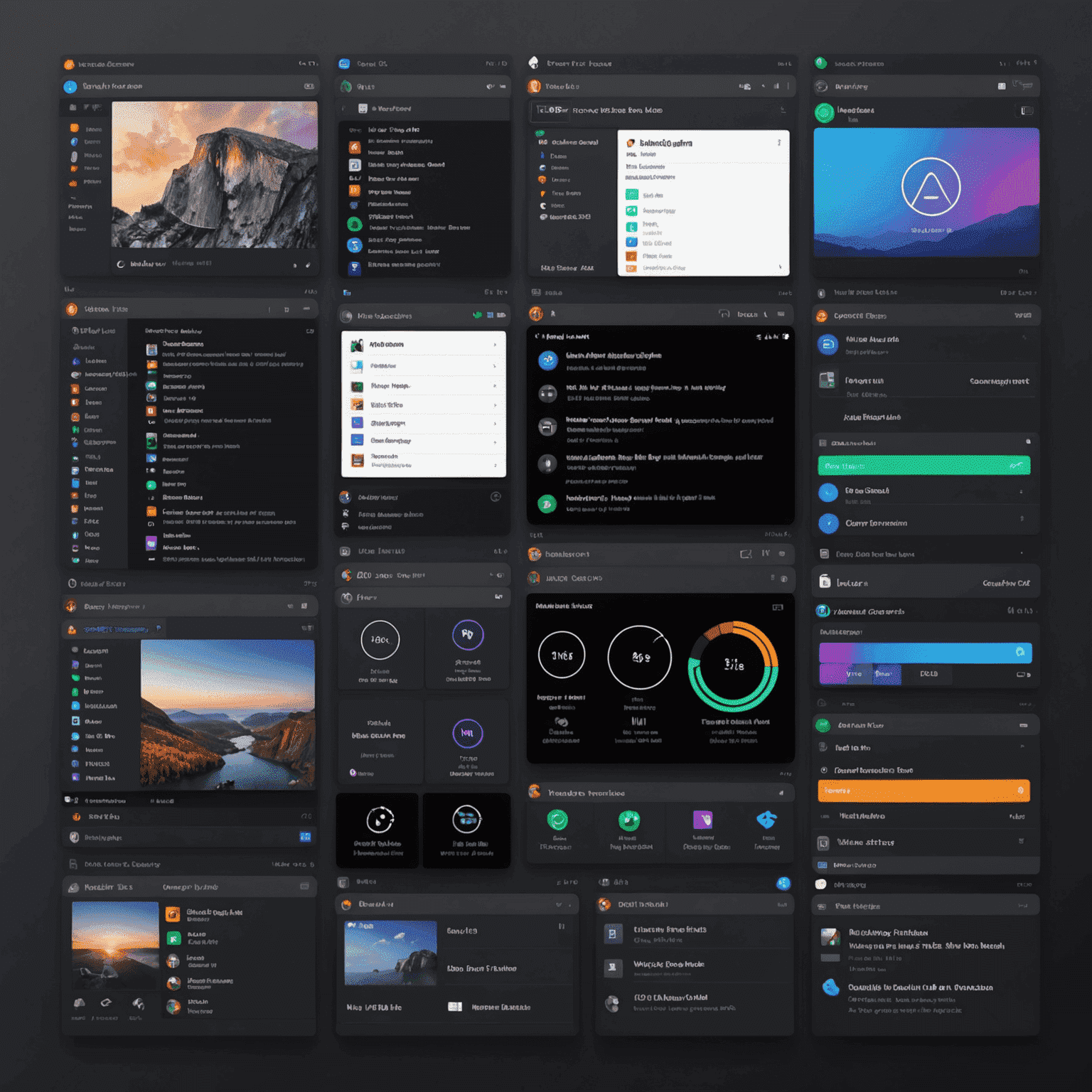 A collage of advanced macOS interfaces and NTFS drive management screens, showcasing power user features and shortcuts in a sleek, dark mode style